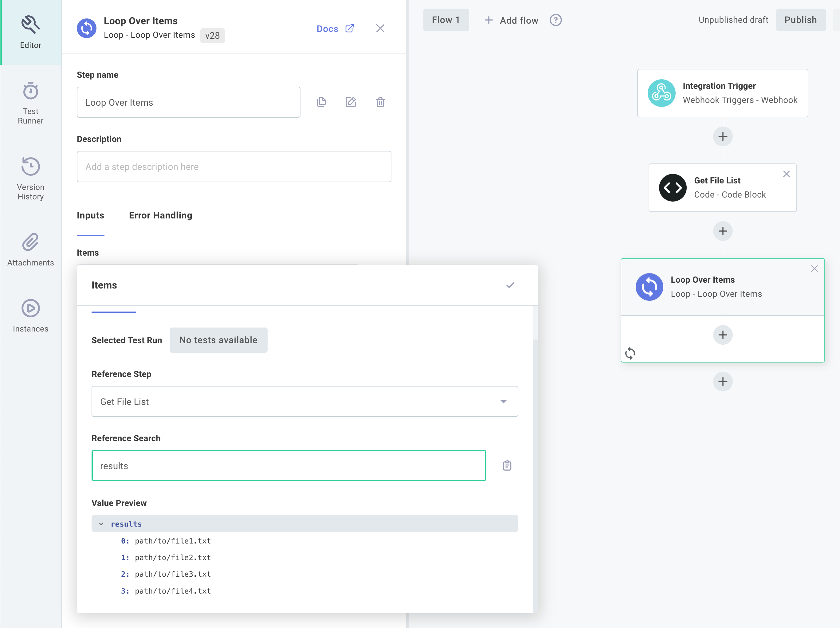 integration designer highlighting configuration drawer, testing drawer, version history drawer, and integration editor pane